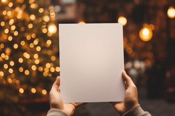 Woman's Hands Holding Blank Vertical White Card Mockup with Cozy Background, Empty Big Poster Template, Perfect for Product Showcase or Marketing Presentation. Generative AI