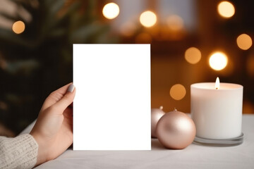 Obraz premium Woman's Hand Holding Blank Vertical White Card Mockup with Cozy Background, Perfect for Product Showcase or Marketing Presentation. Generative AI