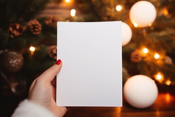 Obraz premium Woman's Hand Holding Blank Vertical White Card Mockup with Cozy Background, Perfect for Product Showcase or Marketing Presentation. Generative AI