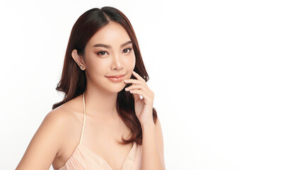 Beautiful young asian woman with clean fresh skin on white background, Face care, Facial treatment, Cosmetology, beauty and spa, Asian women portrait.