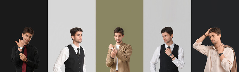 Collage of handsome young man in stylish clothes and with wristwatches