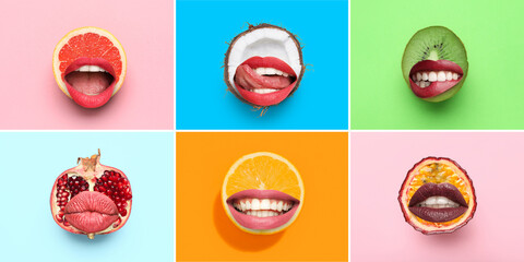 Collage of sexy female lips and juicy fruits on color background