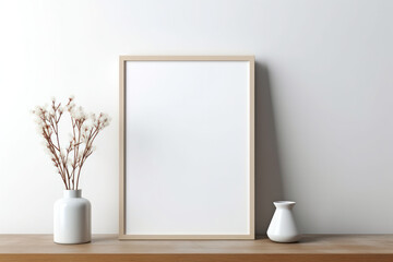 Close up Blank Vertical White Framed Poster Mockup on Wooden Desk, Modern Minimalist Interior Design Style, Cozy Decoration. Generative AI