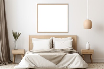 Large Blank Horizontal White Framed Poster Mockup on BedRoom Wall, Modern Minimalist Interior Design Style, Cozy Decoration. Generative AI