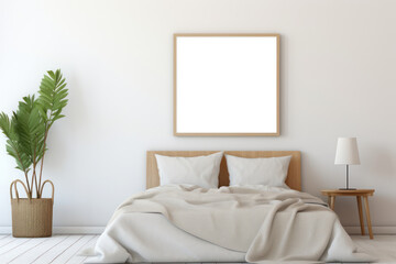 Large Blank Square White Framed Poster Mockup on BedRoom Wall, Modern Minimalist Interior Design Style, Cozy Decoration. Generative AI