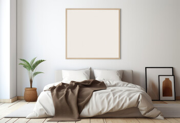 Large Blank Horizontal White Framed Poster Mockup on BedRoom Wall, Modern Minimalist Interior Design Style, Cozy Decoration. Generative AI