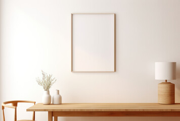 Large Blank Vertical White Framed Poster Mockup on Dining Room Wall, Modern Minimalist Interior Design Style, Cozy Decoration. Generative AI