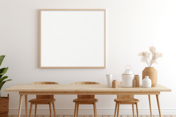 Large Blank Horizontal White Framed Poster Mockup on Dining Room Wall, Modern Minimalist Interior Design Style, Cozy Decoration. Generative AI