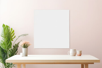Large Blank Square White Framed Poster Mockup on Dining Room Wall, Modern Minimalist Interior Design Style, Cozy Decoration. Generative AI