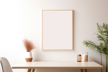 Large Blank Vertical White Framed Poster Mockup on Dining Room Wall, Modern Minimalist Interior Design Style, Cozy Decoration. Generative AI