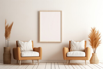 Large Blank Vertical White Framed Poster Mockup on Living Room Wall, Modern Minimalist Interior Design Style, Cozy Decoration. Generative AI