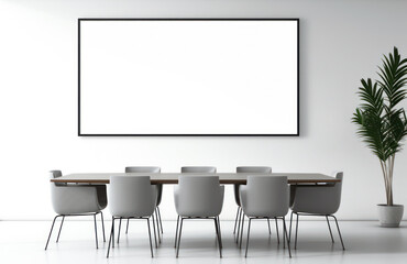 Large Blank Horizontal White Framed Poster Mockup on Office Meeting Room Wall, Modern Minimalist Interior Design Style, Cozy Decoration. Generative AI