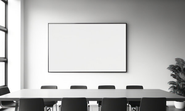 Large Blank Horizontal White Framed Poster Mockup on Office Meeting Room Wall, Modern Minimalist Interior Design Style, Cozy Decoration. Generative AI