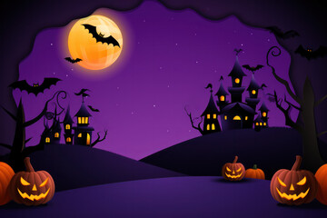Fototapeta premium Spooky Halloween Background with Pumpkin, Bats, and Full Moon, Creepy Haunted Halloween Night Celebration in Darkness. Generative AI
