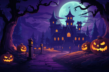 Spooky Halloween Background with Pumpkin, Bats, and Full Moon, Creepy Haunted Halloween Night Celebration in Darkness. Generative AI
