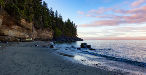Panoramic View of Mystic Beach on the West Coast of Pacific Ocean. Summer Sunny Sunrise.