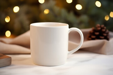 Obraz premium Minimalist Blank White Ceramic Mug Mockup on Cozy Christmas Background, Empty Coffee Mug. Generative AI