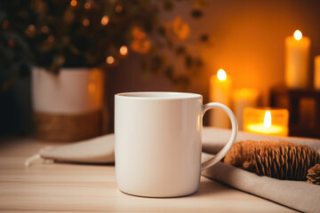 Obraz na płótnie Canvas Minimalist Blank White Ceramic Mug Mockup on Cozy Background, Empty Coffee Mug. Generative AI