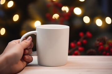 Obraz na płótnie Canvas Woman Hand Holding Minimalist Blank White Ceramic Mug Mockup with Cozy Christmas Background, Empty Coffee Mug. Generative AI
