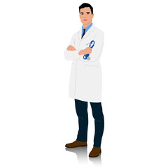 A doctor in a white coat is holding a stethoscope in hand. Hand-drawn vector illustration set isolated on white