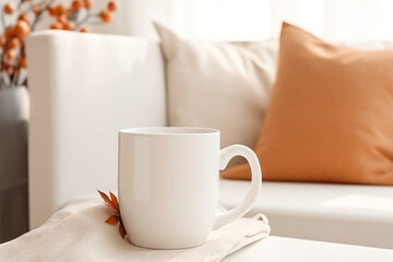 Fototapeta na wymiar Minimalist Blank White Ceramic Mug Mockup on Cozy Background, Empty Coffee Mug. Generative AI