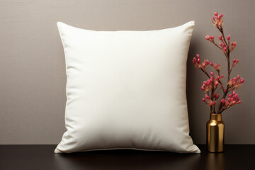 Fototapeta na wymiar Close-up Minimalist White Blank Pillow Mockup on the Wooden Desk, Empty Cushion, Cozy Living room Vibes for Stylish Home Decor. Generative AI