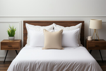 Close-up Minimalist White Blank Pillow Mockup, Empty Cushion, Cozy Elegant  Bedroom Vibes for Stylish Home Decor. Generative AI
