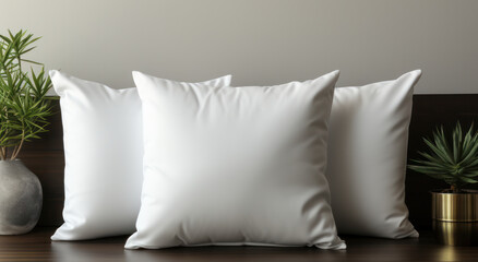 Close-up Minimalist White Blank Pillow Mockup on the Wooden Desk, Empty Cushion, Cozy Living room Vibes for Stylish Home Decor. Generative AI