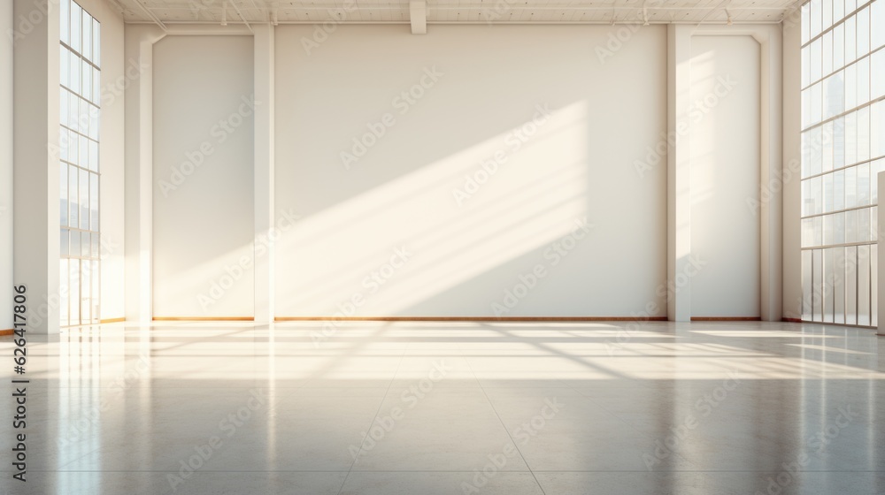 Poster an empty room with large windows and a white wall. digital image.