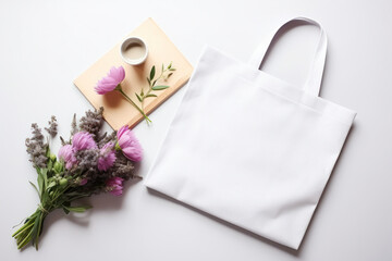 Top view Blank White Tote Bag Mockup with Cozy Flowers Vibes Background for Fashion Presentation and Product Display, Empty Eco Cotton Grocery Shopping Bag Template. Generative AI