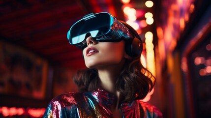 Woman wearing virtual reality headset goggles