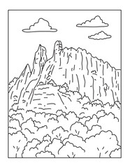 Mono line illustration of Cevennes National Park or Parc national des Cevennes located in Southern France in the mountainous area of Cevennes done in monoline line art style.
