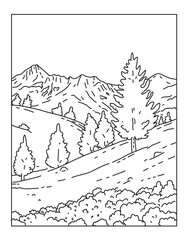 Mono line illustration of Mercantour National Park or Parc national du Mercantour located in the Alpes-de-Haute-Provence and Alpes-Maritimes departments in France done in monoline line art style.
