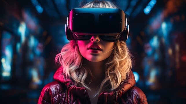 Woman wearing virtual reality headset goggles 
