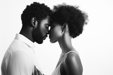 a beautiful heterosexual black afro-american couple kissing and looking in each others eyes. true romantic love. man and woman close to each other. isolated on white background. Generative AI