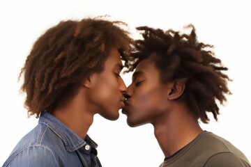 a beautiful homosexual gay black afro-american couple kissing and looking in each others eyes. true romantic love. two men same gender. close to each other. isolated on white background. Generative AI - obrazy, fototapety, plakaty