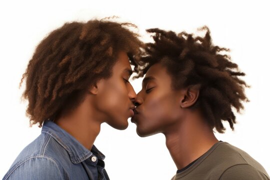 a beautiful homosexual gay black afro-american couple kissing and looking in each others eyes. true romantic love. two men same gender. close to each other. isolated on white background. Generative AI