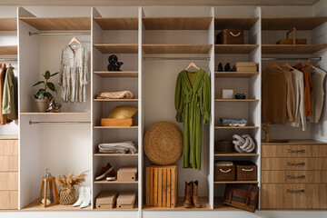 Fototapeta premium Stylish clothes with modern shoes and accessories in boutique