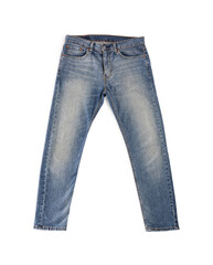 Blue jeans isolated on white, top view. Stylish clothes