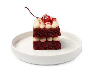 Piece of delicious red velvet cake on white background