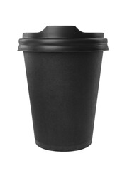 Black paper cup with plastic lid isolated on white. Coffee to go