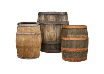 Fototapeta premium Many different wooden barrels on white background