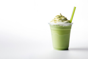 Green tea frappucino with whipped cream in a takeaway cup isolated on white background with copy space