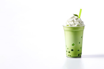 Green tea frappucino with whipped cream in a takeaway cup isolated on white background with copy space
