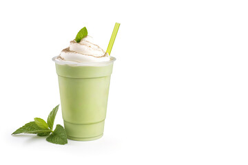 Green tea frappucino with whipped cream in a takeaway cup isolated on white background with copy space