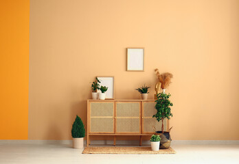 Chest of drawers with houseplants and frame near beige wall in room
