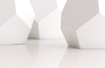 White table countertop with three modern glossy white geometric shape, pentagon side, studio light...