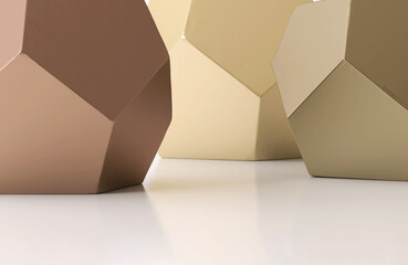 White table countertop with copper, bronze and gold glossy geometric shape, pentagon side, studio...