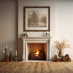 fireplace with print mounted above and decorations