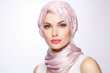 a beautiful white european french model wearing a trendy fashionable headscarf. perfect for a magazine cover and ads. isolated on white background. looking straight forward in camera. Generative AI